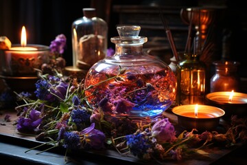 Selection of essential oils with various herbs and flowers on the background. Aromatherapy oil in glass bottle on table in spa salon. Essential lavender oil in a small bottle. Selective focus. Spa sti - obrazy, fototapety, plakaty