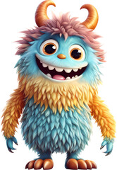 Fototapeta premium Funny shaggy furry cheerful monster with big eyes and smiling mouth with big white teeth, isolated on transparent background. Children's cartoon character or cute soft toy. Generative AI