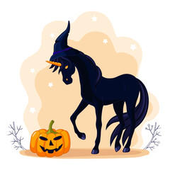 fabulous black unicorn and Jack's lantern. illustration for halloween