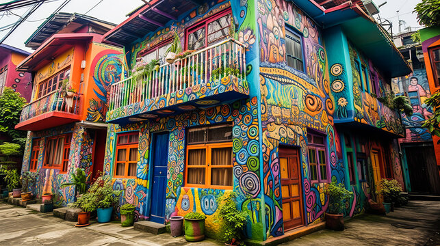 Vibrant snapshot of Taichung's Rainbow Village, with local artist intricately decorating a whimsical house in a burst of colors. Generative AI