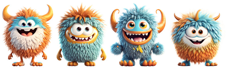 Obraz premium Set of funny shaggy furry cheerful monsters with big eyes and smiling mouths with big white teeth, isolated on transparent background. Children's cartoon characters or cute soft toys. Generative AI