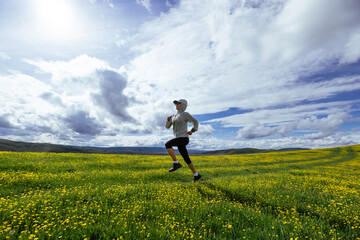 Woman trail runner cross country running at high altitude flowering mountain