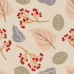Autumn Leaves And Berries Create A Seamless Pattern, Exuding The Warmth And Beauty Of The Season, Vector Illustration