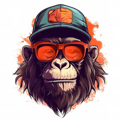 Monkey wearing hat with sunglasses. Modern street style for sticker or t-shirt design. Generative AI