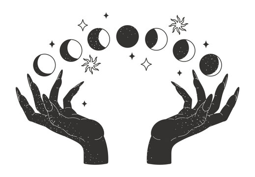 Magic witch hands. Esoteric design female hands with moon phases. Mystical magic space flat vector illustration