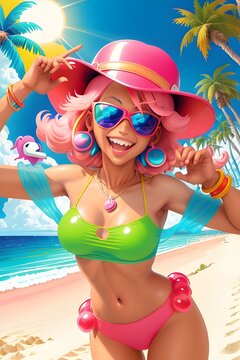 Carefree woman embraces the sun, sand, and waves, creating unforgettable moments of summer bliss and pure vacation fun at the beach.