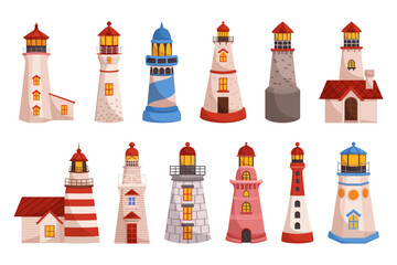Set Of Lighthouses, Tall Towers With A Bright Light On Top, Used To Guide Ships And Boats Safely Through Dark Waters