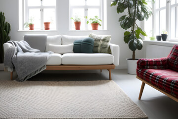 White sofa with plaid and cushions on knitted rug against of grid window between green houseplants. Scandinavian, hygge interior
