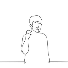 Man smiles raising his fist - One Line Art Vector. Concept Korean gesture Support or encouragement