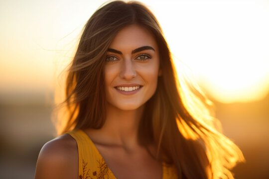 Beautiful woman smiling at camera against the sun. Generative AI.