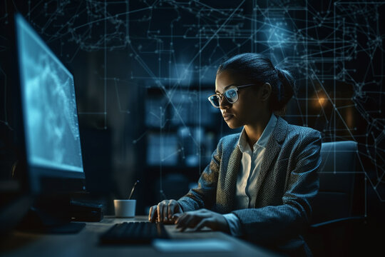 Business woman working in the office at night. Generative AI.