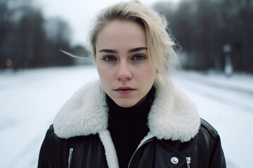 Beautiful girl with nose piercing standing in the snow looking at the camera. Generative AI.