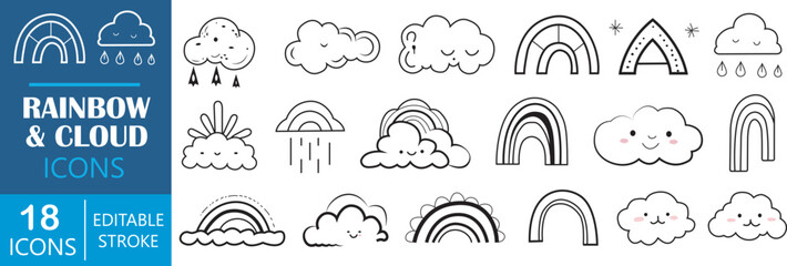 Rainbow and cloud doodle line icons set. Set of rainbows and clouds. Vector illustration