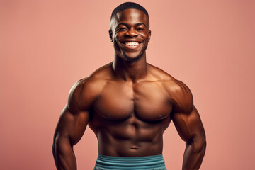 Fototapeta premium Shirtless black bodybuilder smiling at the camera on a magenta background. Generative AI.