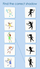 Find the correct shadow of tennis players. Worksheet for children's education. Cartoon vector illustration for activity book.