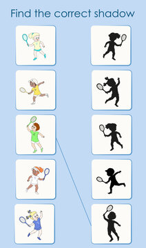 Find the correct shadow of tennis players. Worksheet for children's education. Cartoon vector illustration for activity book.