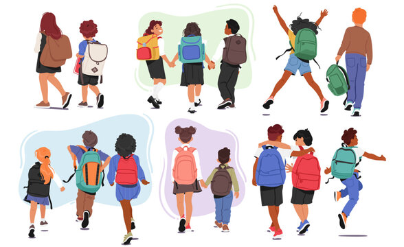 Children Boys and Girls Characters Walking Together In A Rear View, Carrying Backpacks And Wearing Uniforms