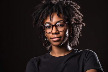 Obraz premium Girl with afro hair and glasses looking at the camera, black background. Generative AI.