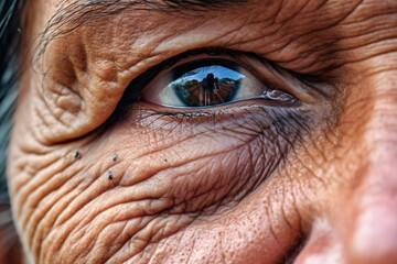 Closeup on an elderly person's eye. Reflection of the landscape in the human eye. Generative AI.