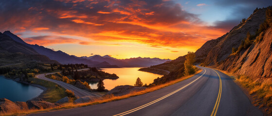 Fototapeta premium photo of a empty road leading to the lake by sunset, adventure-themed
