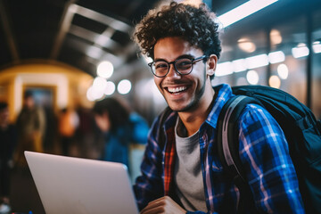 Smiling young student using laptop, public place, blurred background. Generative AI.