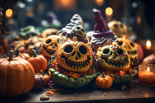 Pumpkins makes as mexican skull for the day of dead deskstop ai generated art.