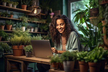 Curly-haired woman using laptop in a room full of plants. Generative AI.