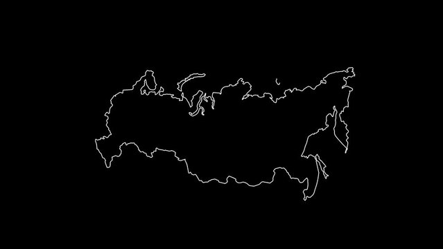 Russia map animation line. White line drawing on a black background.