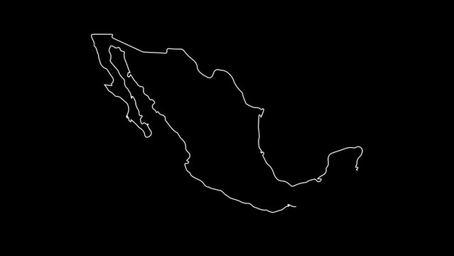 Mexico map animation line. White line drawing on a black background.