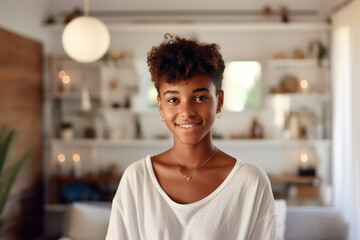 Fototapeta premium Cheerful girl smiling in the living room. Generative AI.