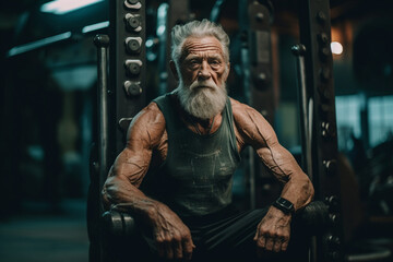 Obraz na płótnie Canvas Elderly bodybuilder sitting on equipment at the gym.Generative AI.