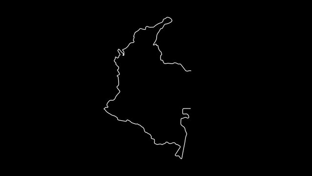 Colombia map animation line. White line drawing on a black background.