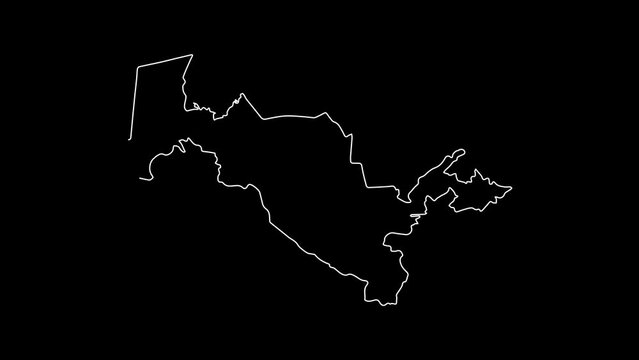 Uzbekistan map animation line. White line drawing on a black background.