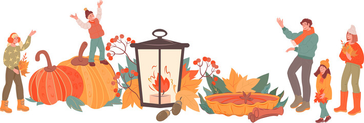 Autumn background with family among yellow leaves and pumpkins. Banner backdrop for autumn sale and farm market. Thanksgiving and Halloween festival.