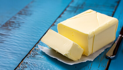 piece of butter on a blue wooden table, selective focus.