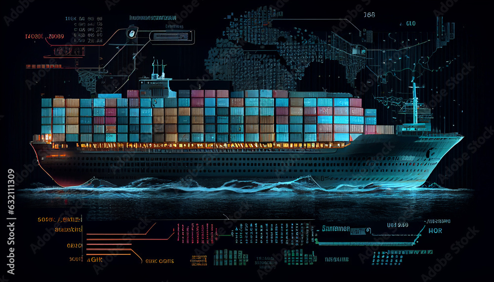 Wall mural Container cargo ship global business logistics import export freight shipping transportation, Big data visualization graphic graph and chart information business network, Ai generated image