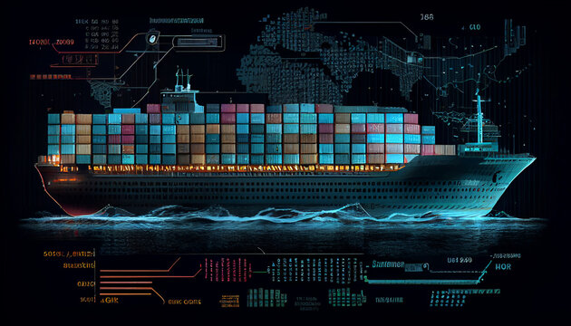 Container Cargo Ship Global Business Logistics Import Export Freight Shipping Transportation, Big Data Visualization Graphic Graph And Chart Information Business Network, Ai Generated Image