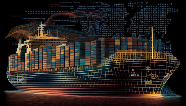 Container cargo ship global business logistics import export freight shipping transportation, Big data visualization graphic graph and chart information business network, Ai generated image