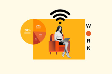 Image poster minimal retro collage of beautiful lady sitting office room use netbook analyzing stats isolated on drawing background