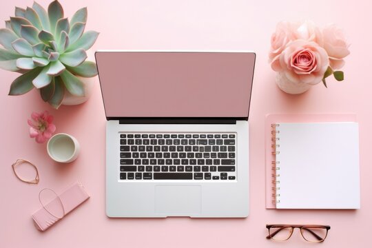 laptop computer, smartphone, air plant, open notebook and feminine accessories on a bright blush background, home office scene, flat lay. Top view of work space for freelancer or student