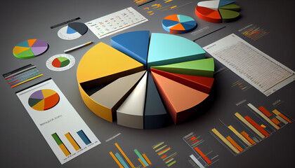 Various financial documents, graphs, reports, 3d, pie charts, 3d chart with arrow, Ai generated image 