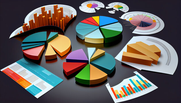 Various financial documents, graphs, reports, 3d, pie charts, 3d chart with arrow, Ai generated image 