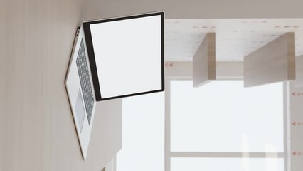 Vertical video animated notebook with white screen in office, copyspace