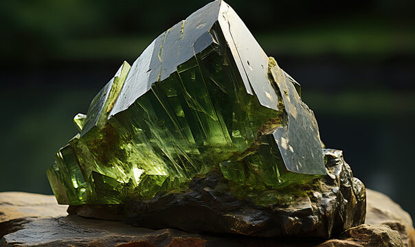 Abstract green epidote stone close-up on a dark background.