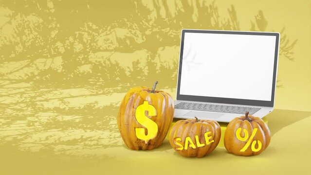Pumpkin fall autumn sale, blank laptop screen space for text, yellow background, tree shadows