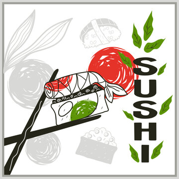 Sushi banner or card template, poster for sushi Japanese food restaurant, hand drawn vector illustration on white background.
