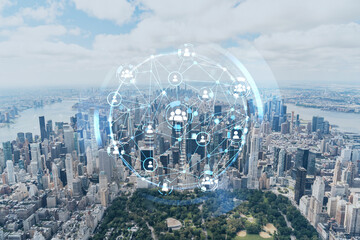 Aerial panoramic helicopter city view of Midtown Manhattan neighborhoods and Central Park, New York, USA. Social media hologram. Concept of networking and establishing new people connections