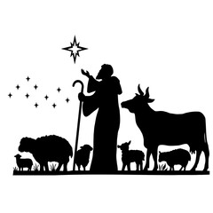 Holy Night silhouette - Nativity scene of baby Jesus silhouette in a manger with Mary and Joseph with the three wise men. Christian Christmas silhouette of animals. Illustration for children.