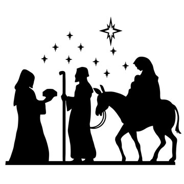 recommend clip art: Holy Night silhouette - Nativity scene of baby Jesus silhouette in a manger with Mary and Joseph with the three wise men. Christian Christmas silhouette of animals. Illustration for children.