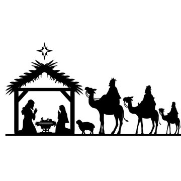 recommend clip art: Holy Night silhouette - Nativity scene of baby Jesus silhouette in a manger with Mary and Joseph with the three wise men. Christian Christmas silhouette of animals. Illustration for children.